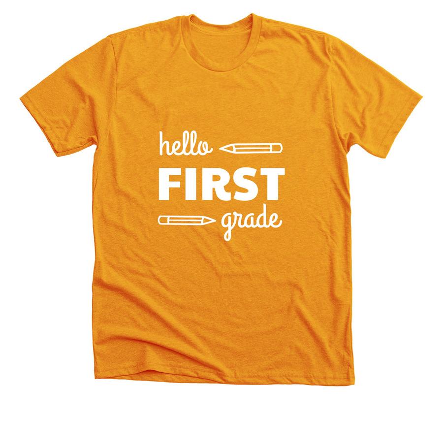 A gold back-to-school shirt that says, "Hello first grade".