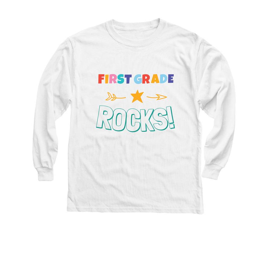 A white back-to-school long sleeve shirt that says, "First-grade rocks".