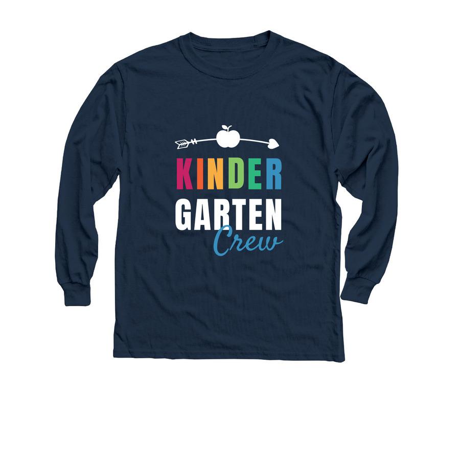 A navy blue back-to-school long sleeve shirt that says, "Kindergarten crew".