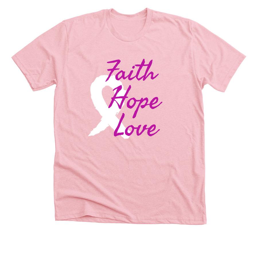 A pink short sleeve shirt with purple font and a white cancer ribbon graphic.
