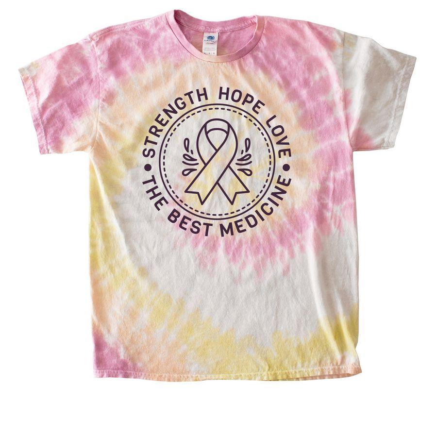 Allmade Eco Triblend Unisex Tee, Classic Tie Dye Tee with a cancer awareness ribbon and the text: Strenght, hope, love, the best medicine