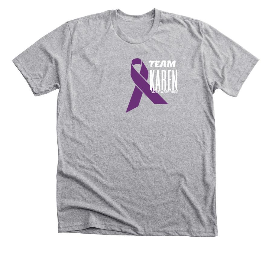 A grey shirt with a purple cancer ribbon graphic and white font.