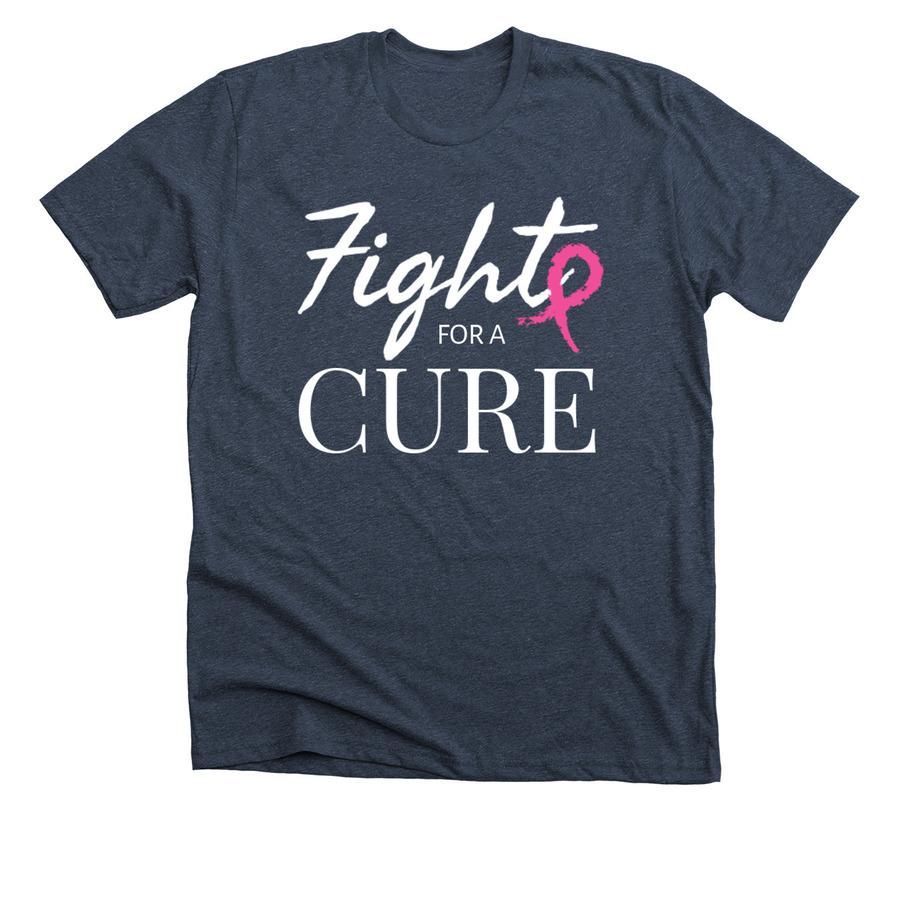 A navy blue t-shirt with white font and a pink cancer ribbon graphic.