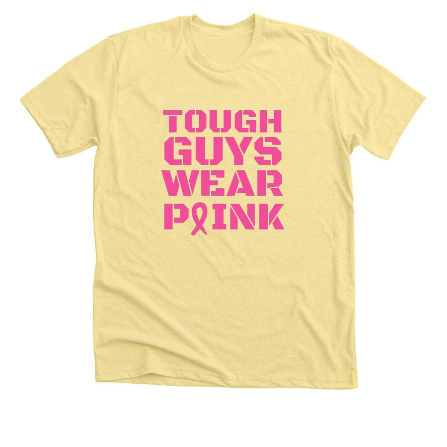 A yellow shirt with purple block lettering and a purple cancer ribbon graphic.