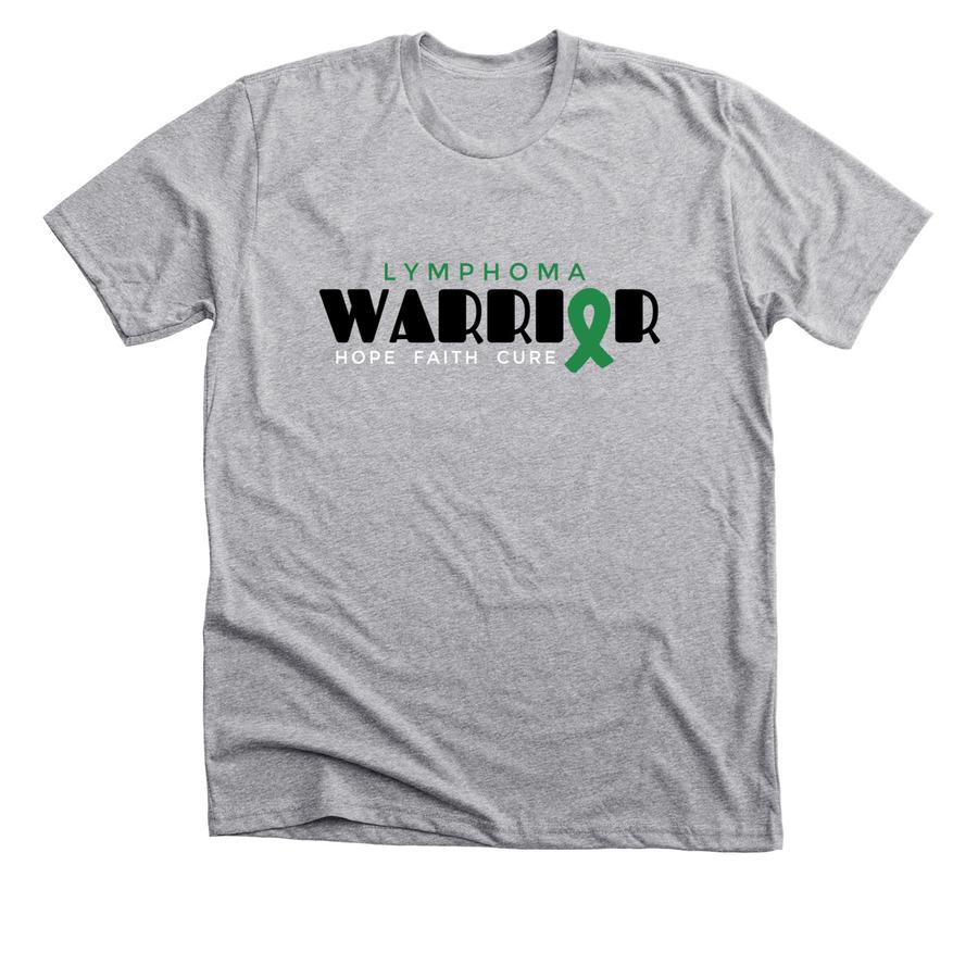 A grey cancer ribbon shirt with black, green, and white font and a green cancer ribbon graphic.