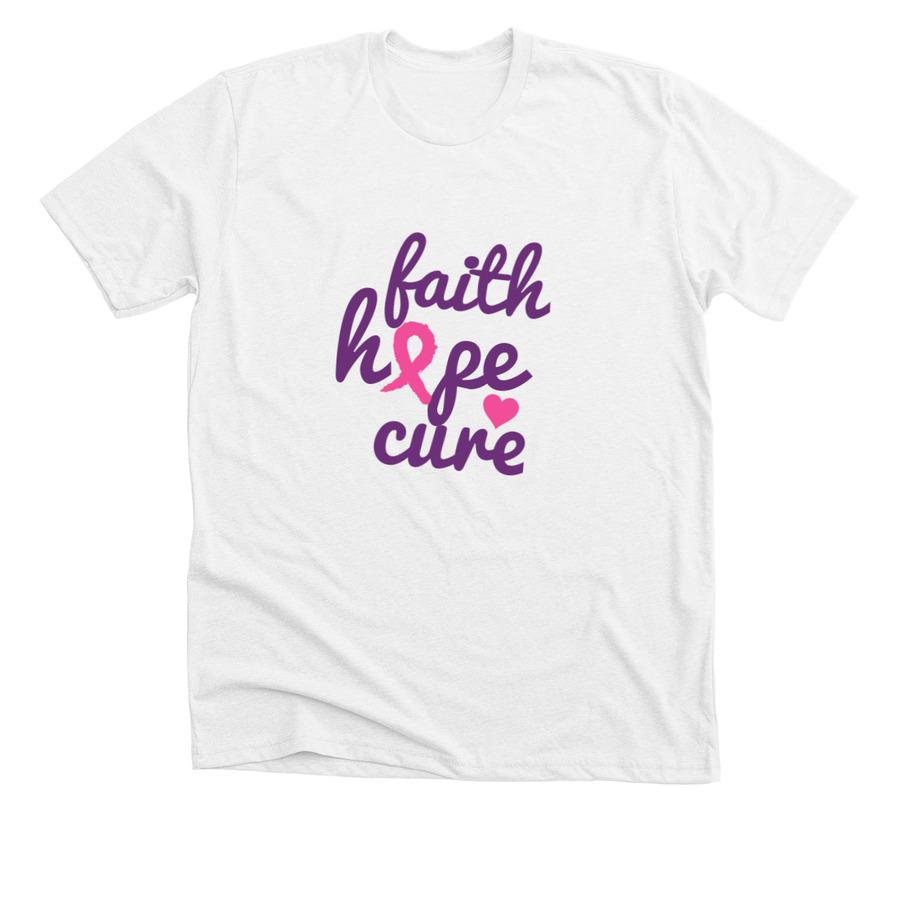 A white short sleeve shirt with purple cursive font and a pink cancer ribbon icon.