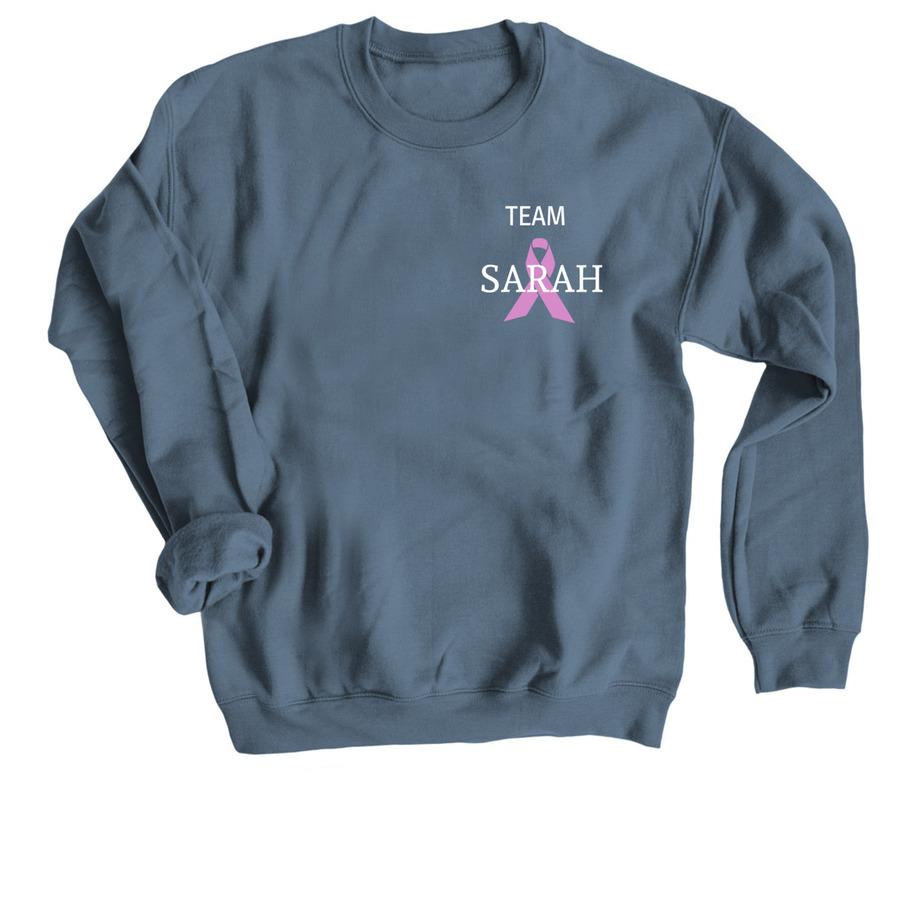 A blue sweatshirt with white font and  a cancer ribbon graphic.
