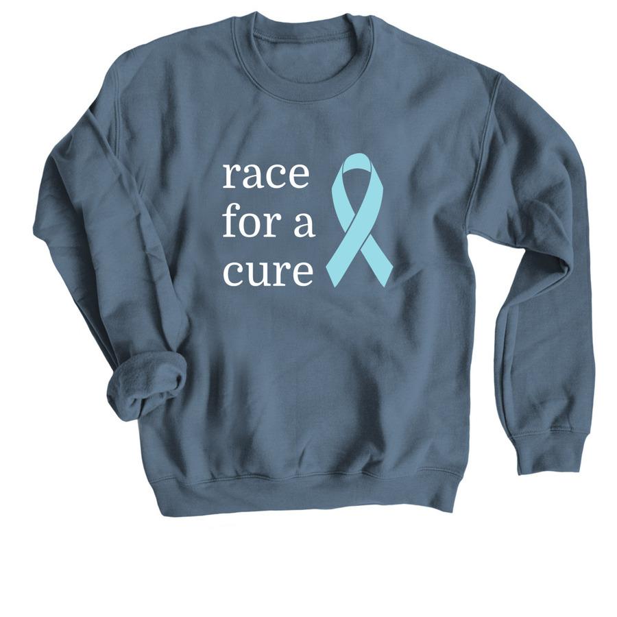 A light blue sweatshirt with white font and a blue cancer ribbon graphic.
