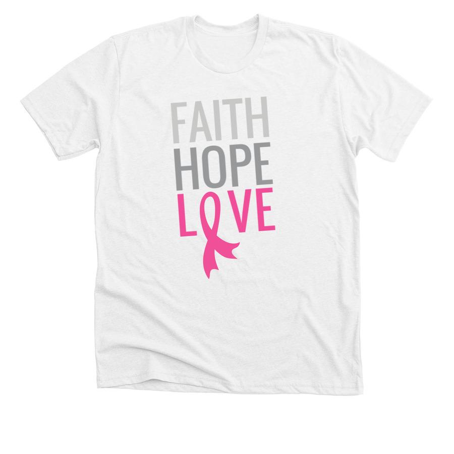 A white t-shirt with pink and grey font and a pink cancer ribbon icon.