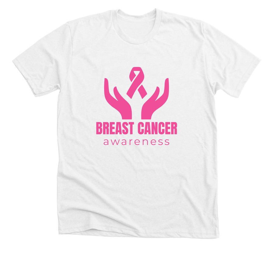 A white shirt with pink font and a pink breast cancer awareness ribbon.