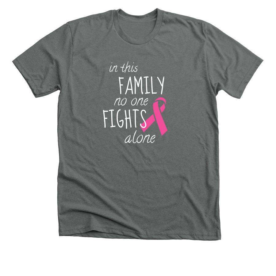 A grey t-shirt with white font  and a pink cancer ribbon graphic.