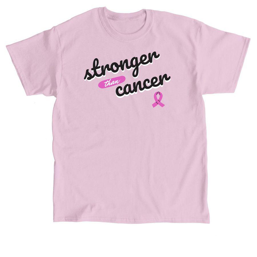Pink Classic Unisex Tee, Comfort Colors Unisex Tee, Softstyle Crewneck Sweatshirt with a cancer awareness ribbon and the text: Stronger than Cancer