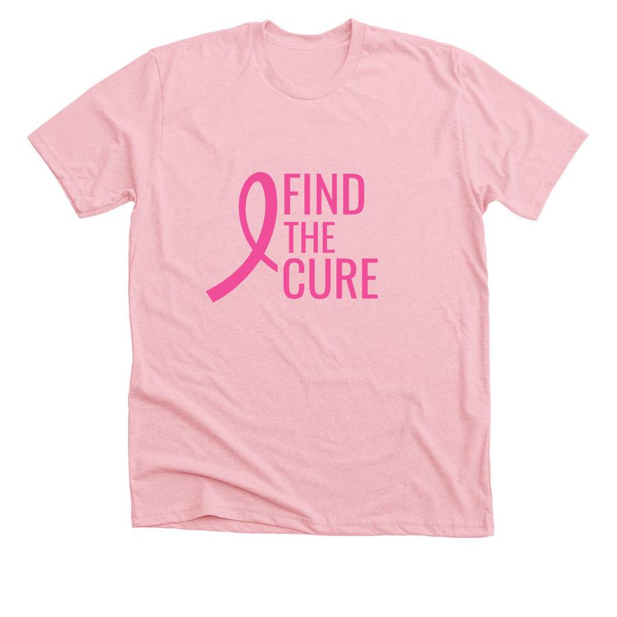 A cancer ribbon shirt with pink font and a pink cancer ribbon graphic.