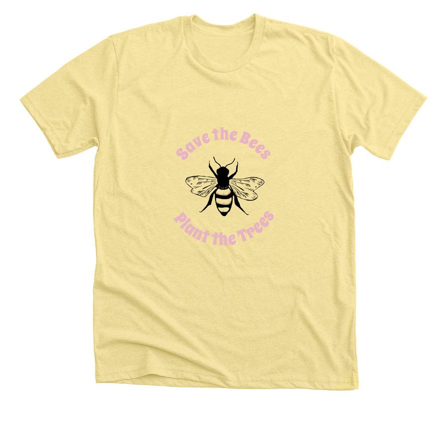 A spring shirt design that says, "Save the Bees, plant the trees".