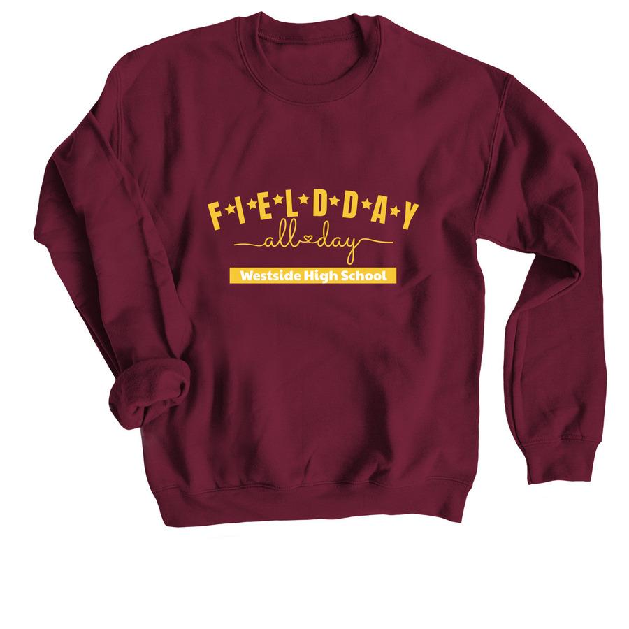 A maroon field day shirt that says, "Field Day - All Day".