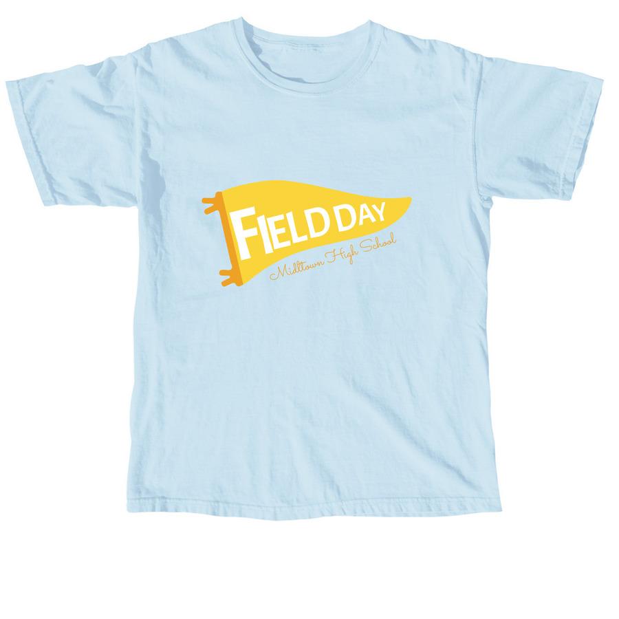 A baby blue field day shirt that says, "Field Day" on a flag.