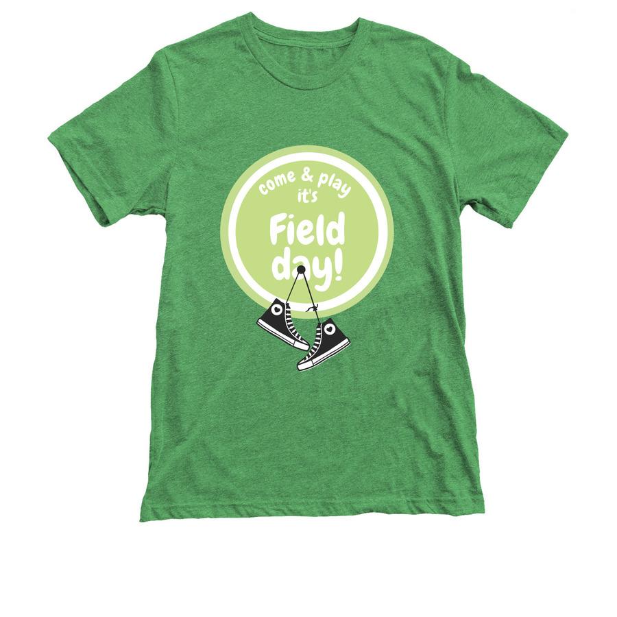 A green field day shirt that says, "Come and Play, It's Field Day" with a pair of shoes hanging from the design.