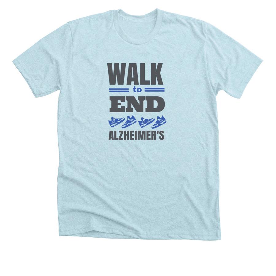 ice blue shirt with a walk to end Alzheimer's text and images of 4 shoes