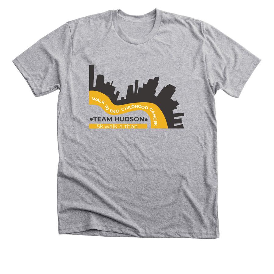 A grey walkathon shirt that says, "Walk to end childhood cancer".