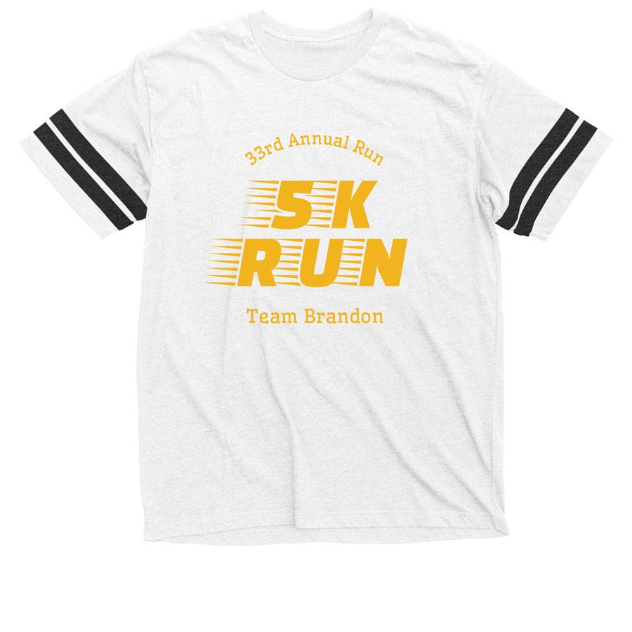 A white with black stripes 5k team shirt that says, "5k run - team Brandon".