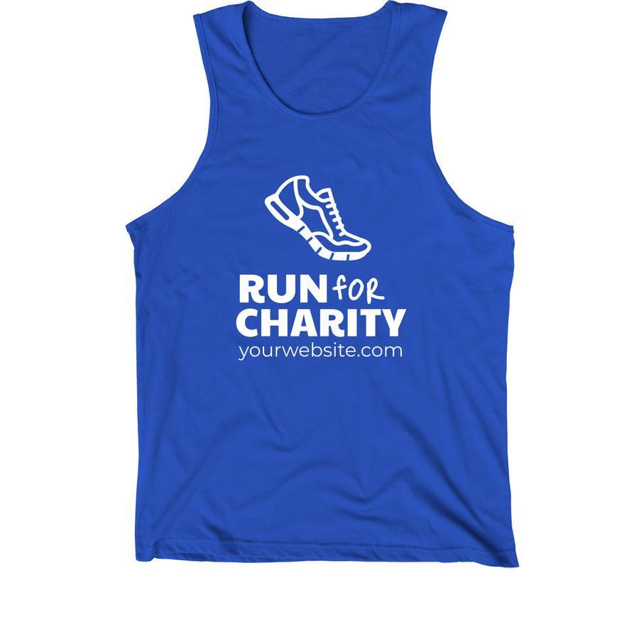 A blue tank top with a shoe graphic and text that says "run for charity".