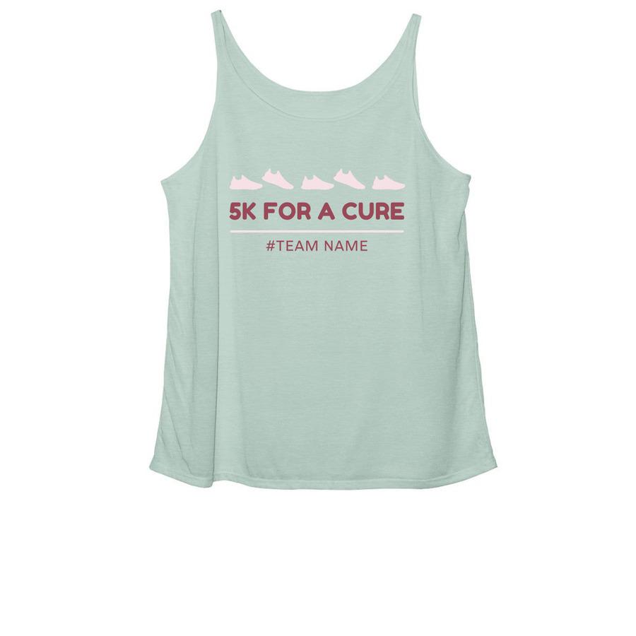 A lime green 5k tank top that says, "5k for a cure".
