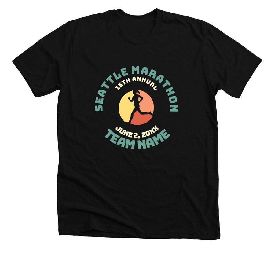 A black marathon shirt that says, "Seattle marathon".