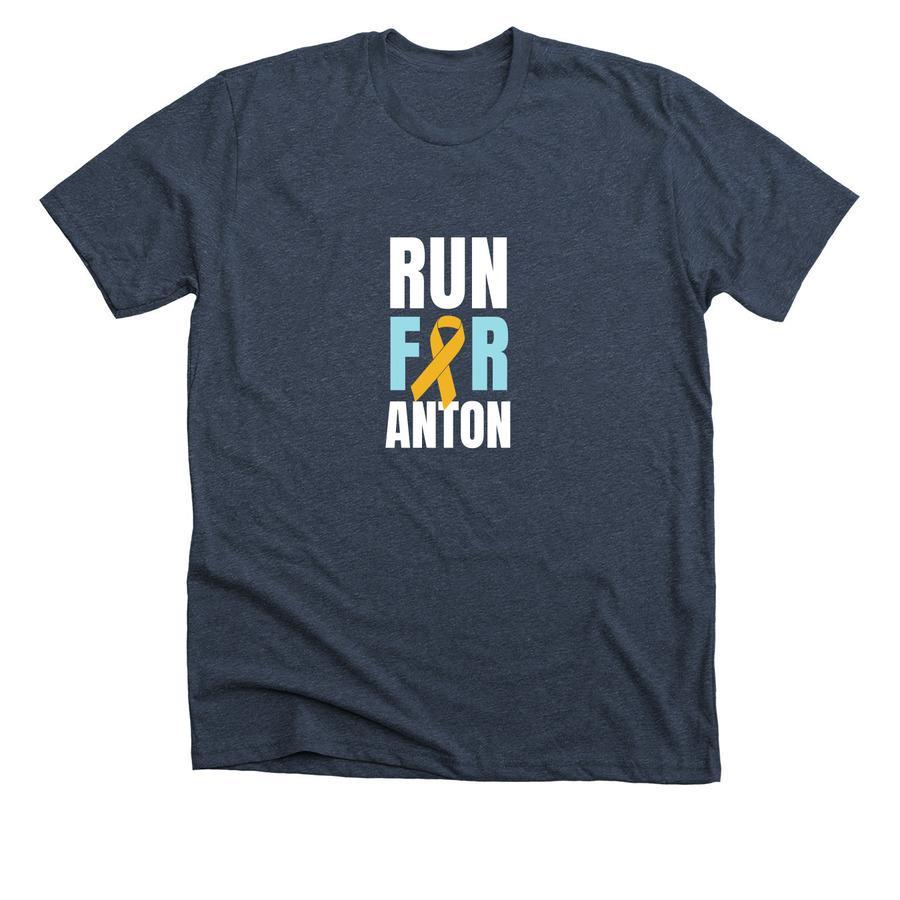 A turquoise shirt with a yellow ribbon and text that says "run for Anton".