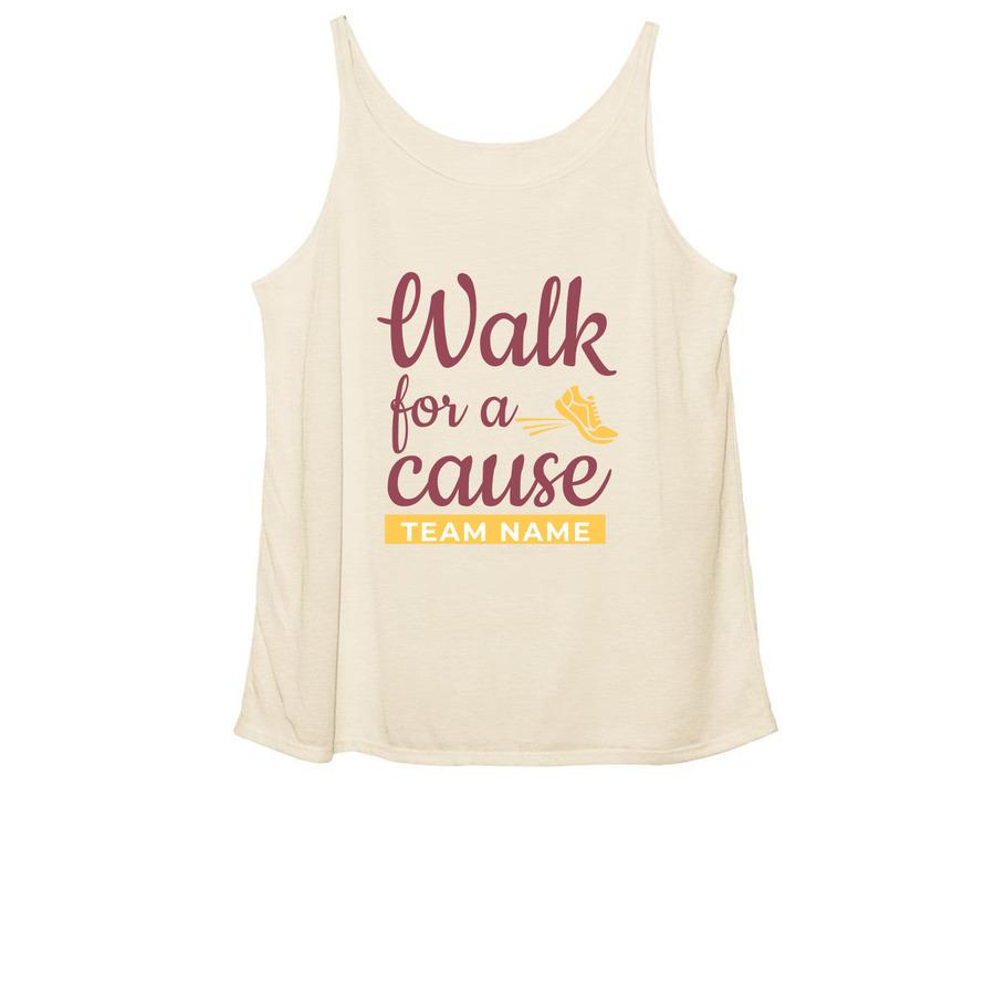 A cream-colored walkathon tank top that says, "Walk for a cause".