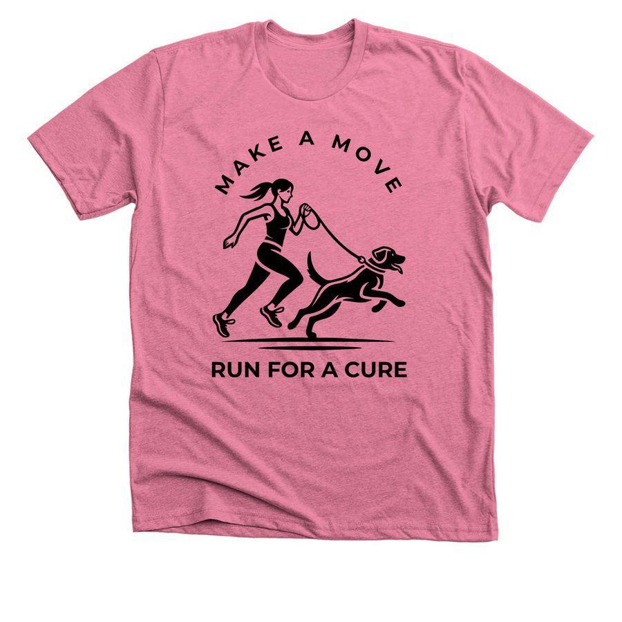 Premium Unisex Tee, Comfort Colors Unisex Tee, Softstyle Crewneck Sweatshirt Fundraising design template with illustration of a girl and a dog running and customizable text: Make a move, Run for a Cure