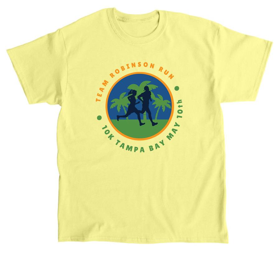 A yellow 10k shirt that says, "Team Robinson run - 10k Tampa Bay".