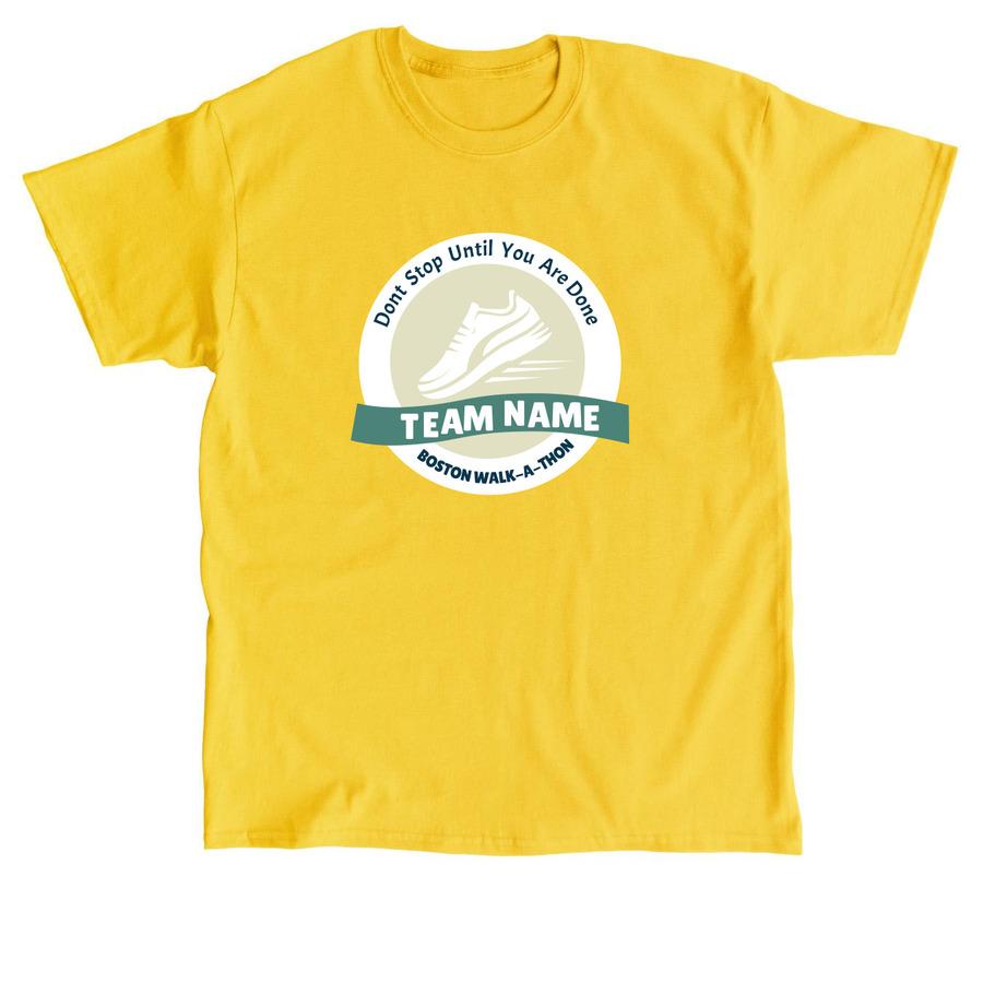 A yellow walkathon shirt that says, "Don't stop until you are done".