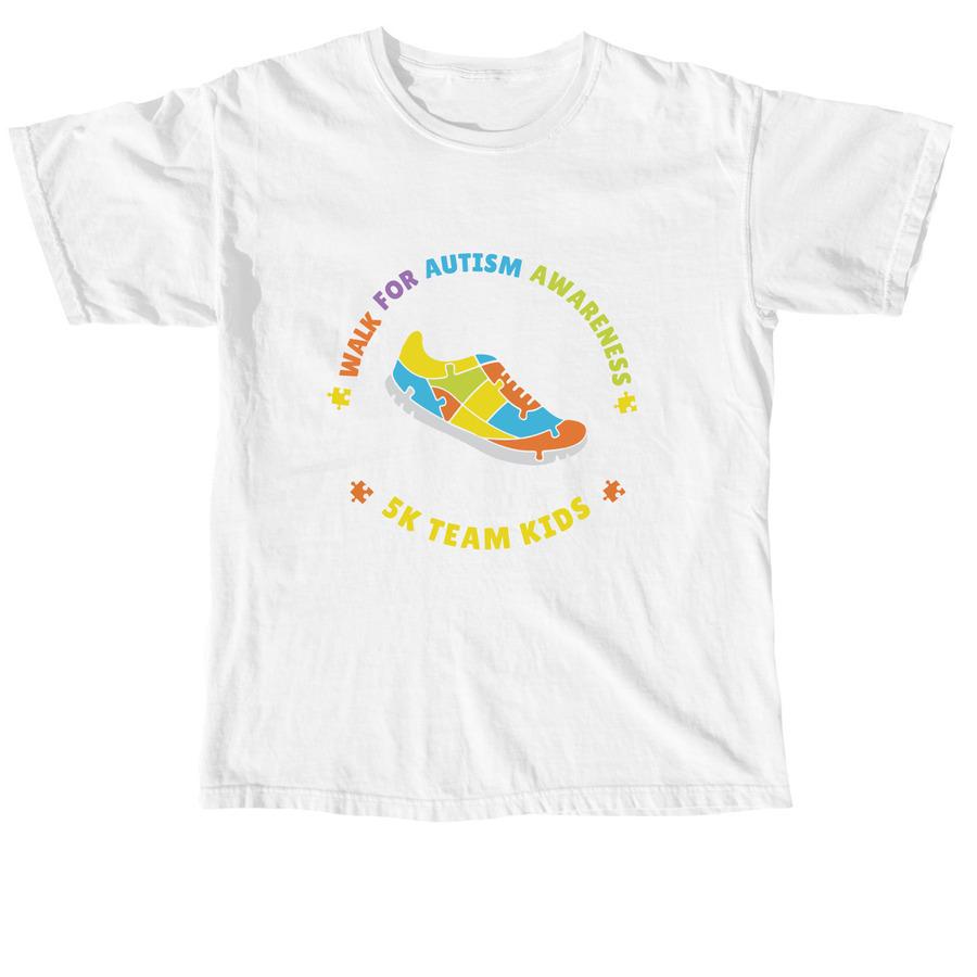 A white walkathon shirt that says, "Walk for autism awareness".