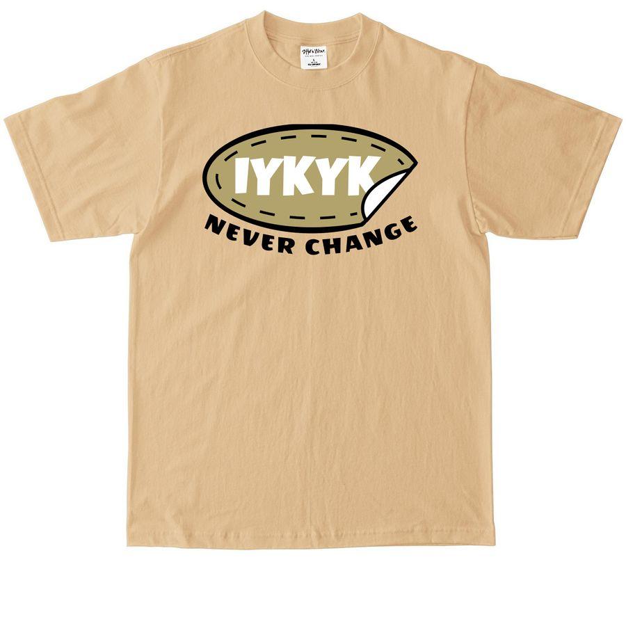 Max Heavyweight Tee, Allmade Heavyweight Recycled Cotton Tee with sticker illustration and  text IYKYK, never change