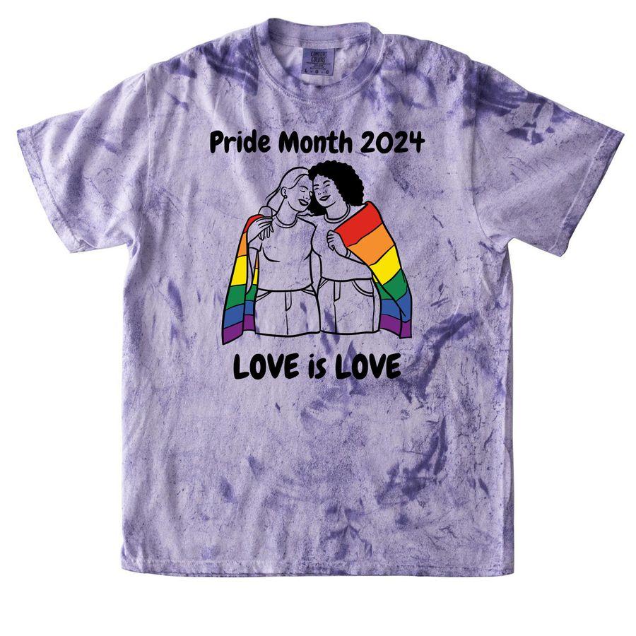 Violet and Crimson red Comfort Colors Unisex Tee and Amethyst and Clay Comfort Colors Colorblast Tee with a couple hugging, and holding  the pride flag, and text: Pride Month 2024, and Love is Love