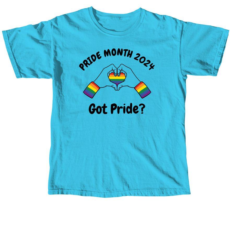 Lagoon Blue, Blossom pink and Butter yellow Comfort Colors Unisex Tee and Aqua Blue, Cotton Candy and Sunset Swirl Tie Dye Crewneck Sweatshirt with a cartoon illustration of two hands forming a heart with colors of the rainbow and text: Pride Month 2024 and Got Pride?