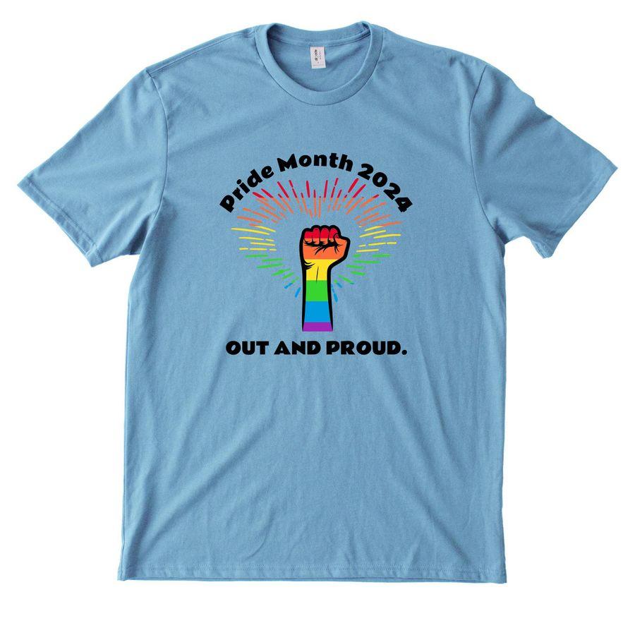 Tahiti Blue and White Premium Unisex Tee and Arctic Blue and Oceanic Teal Allmade Heavyweight Recycled Cotton Tee with an illustration of a rainbow-colored fist in honor of Pride Month and text: Pride Month 2024, and Out and Proud