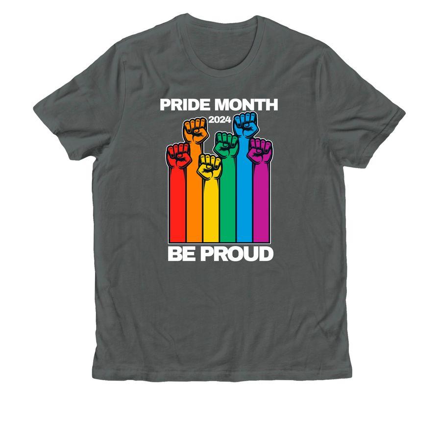 Terrain Grey, Night Sky Navy and Revolution Red Allmade Organic Cotton Unisex Tee and Terrain Grey and Night Sky Navy Allmade Organic French Terry Crewneck Sweatshirt with an illustration of rainbow-colored fists in the air and text: Pride Month 2024, be proud