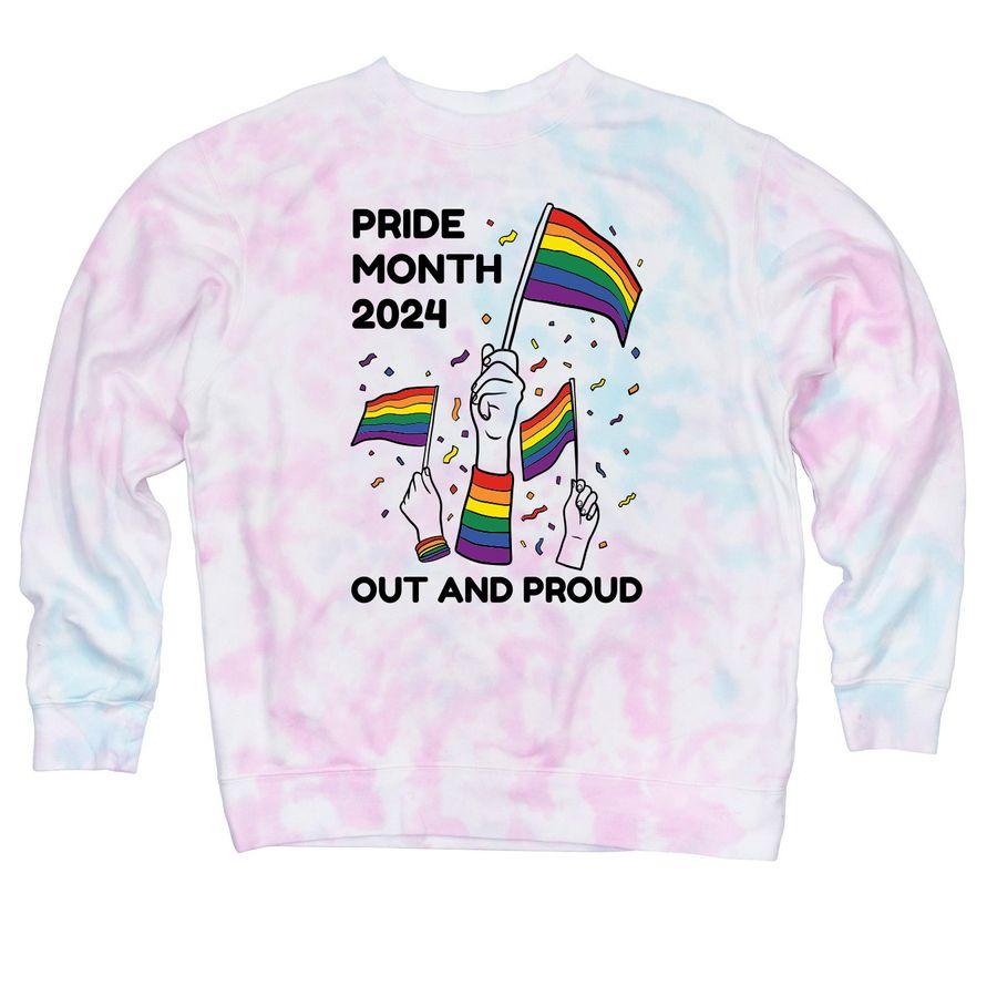 Lagoon blue and Cotton Candy pink Classic Tie Dye Tee and Cotton Candy and Sunset Swirl yellow Tie Dye Crewneck Sweatshirt with an illustration of hands in the air, holding pride flags in celebration, with text: Pride Month 2024 and Out and Proud