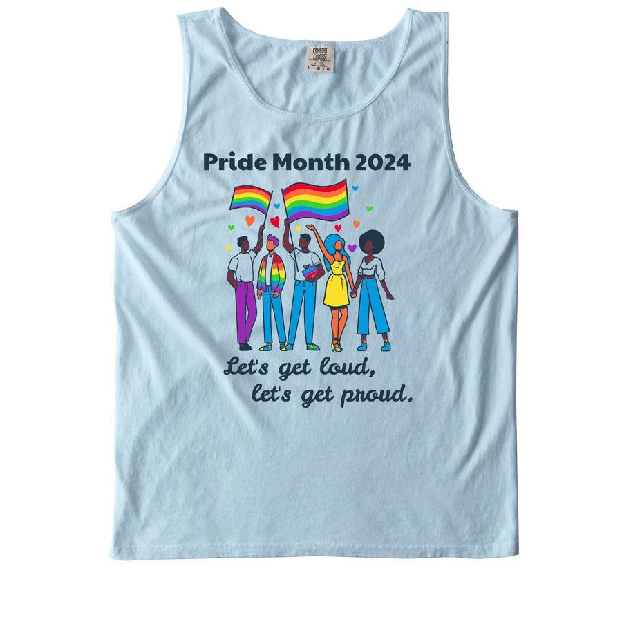 Chambray blue and Blossom pink Comfort Colors Unisex Tee and Chambray blue, Chalky Mint and Blossom pink Comfort Colors Tank Top with a cartoon illustration of diverse group of people celebrating Pride Month and Let's get loud, let's get proud text