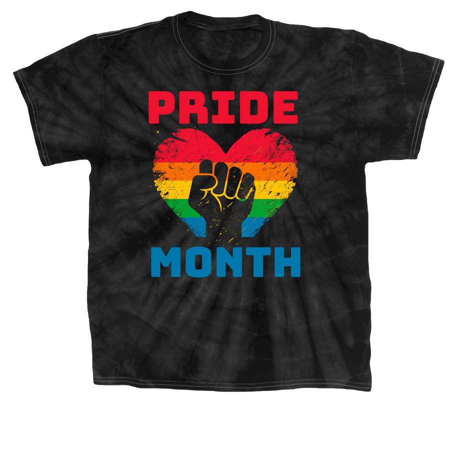Deep Black Allmade Organic Cotton Unisex Tee, black Classic Tie Dye Tee and Black Comfort Colors Tank Top with a fist within a heart in rainbow colors, and text: Pride Month