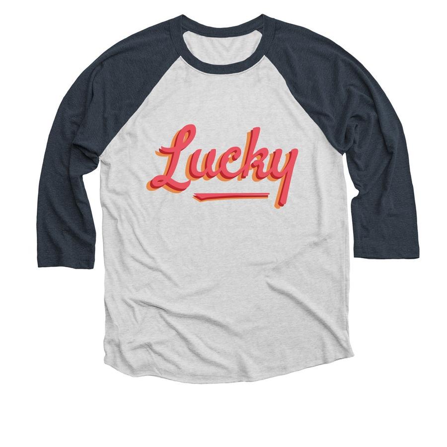 A navy blue and grey retro shirt with a design that says "Lucky".