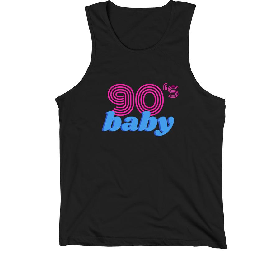 A black retro shirt with a design that says "90's baby".