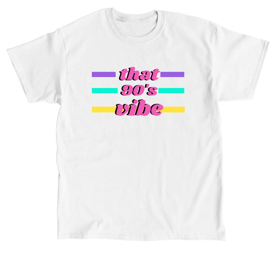 A white retro shirt with a design that says "that 90's vibe".