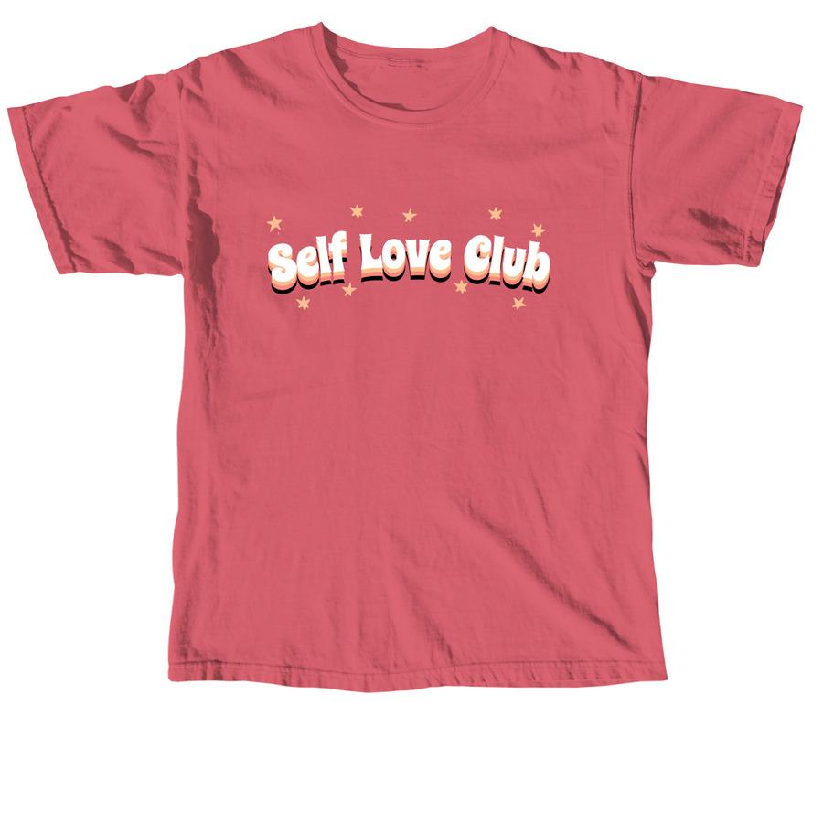 A crimson retro shirt with a design that says "Self Love Club".