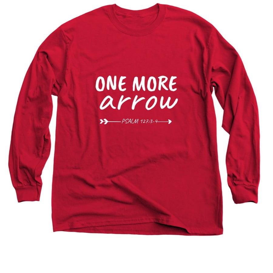 A red adoption shirt that says "One More Arrow".