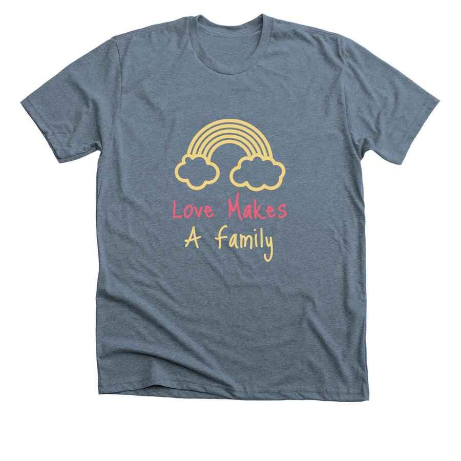 indigo shirt with rainbow and clouds images and love makes a family text