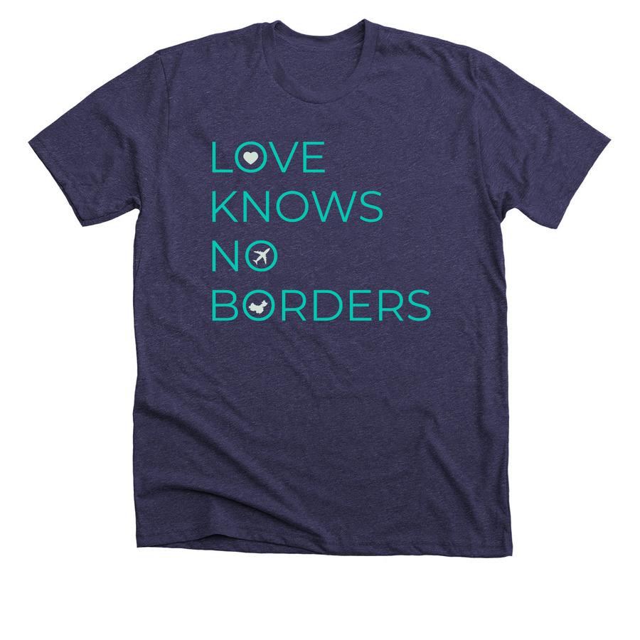 midnight navy shirt with plane image and love knows no borders text