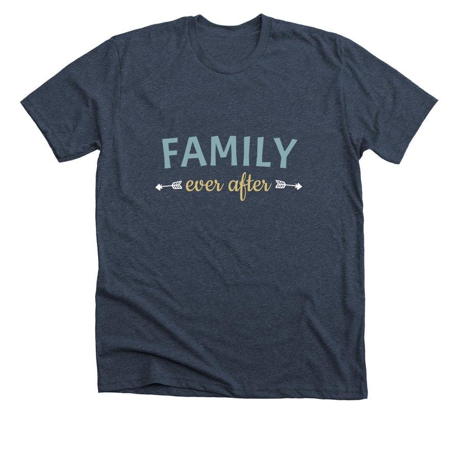 A navy blue adoption shirt that says "Family Ever After".