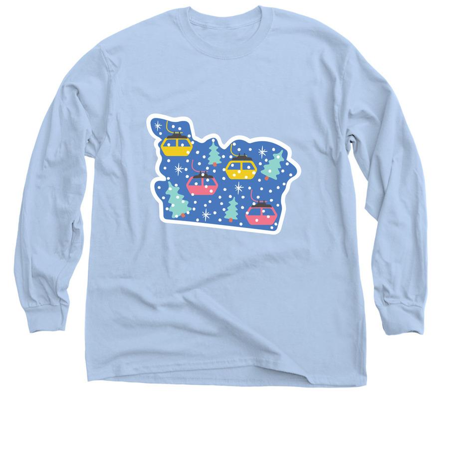 A winter shirt design that has graphics of ski lifts.